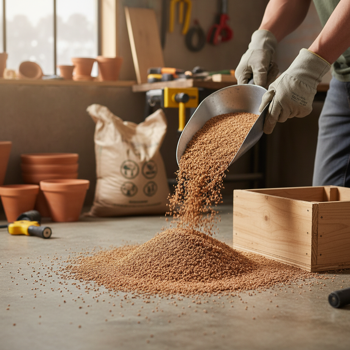 Gloved hands pour Premium High-Performance Cork Granules - 12 Litres - 1-2mm Size with 60-62kg/m³ Density, ideal for soundproofing and acoustic applications, onto a workshop floor amidst gardening tools.