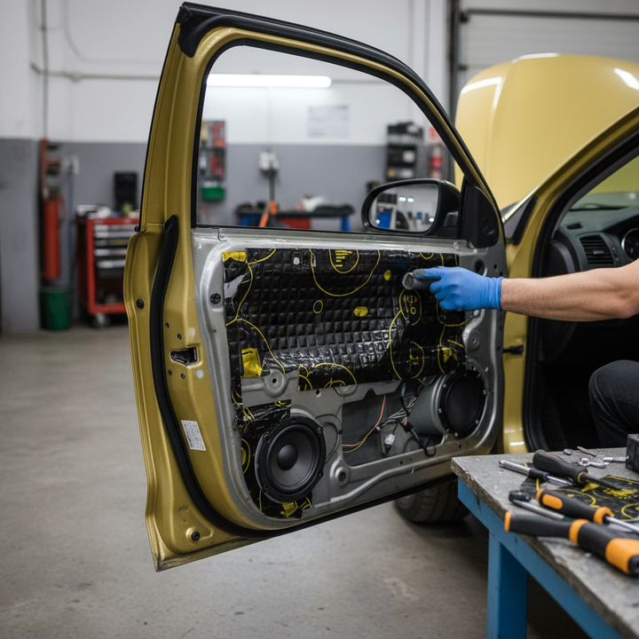 Person fitting a Premium Professional Speaker Kit for Enhanced Sound Deadening and Bass Response, featuring heavy-duty vibration-absorbing mats, onto a car door, showcasing soundproofing and acoustic noise reduction capabilities.
