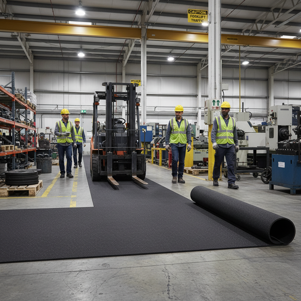 High-Performance 3mm Soundproof Rubber Roll for Impact Noise Reduction in Residential and Commercial Spaces - Eco-Friendly Design is shown being unrolled by workers on a factory floor, enhancing acoustic insulation.
