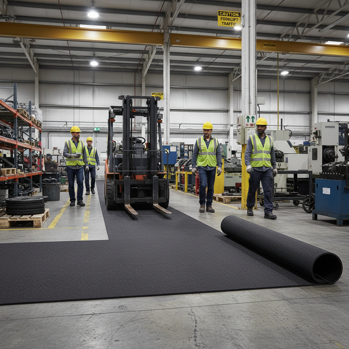 High-Performance 3mm Soundproof Rubber Roll for Impact Noise Reduction in Residential and Commercial Spaces - Eco-Friendly Design is shown being unrolled by workers on a factory floor, enhancing acoustic insulation.
