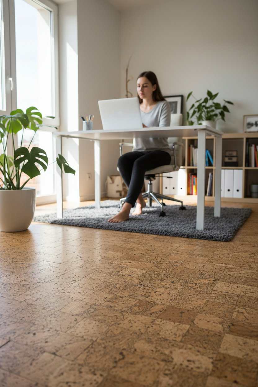 Premium Natural Cork Flooring - Iceberg Grey 600mm x 300mm Tiles, 4mm Thick, 1.98m² Pack enhances this home-office setup with soundproof, acoustic comfort, and noise reduction, ideal for residential sound insulation.