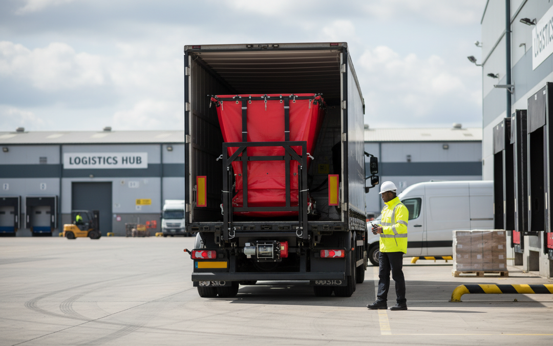 Rear view of a box truck at a logistics hub, showcasing Premium Redelivery Service - Schedule Your Delivery Time Conveniently - High-Quality Professional Grade for Industrial and Commercial Applications with soundproof, acoustic, and noise reduction solutions.