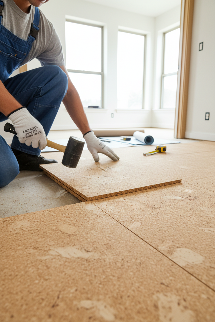 Person fitting Premium Natural Cork Flooring - 600mm x 300mm Tiles, 4mm Thick, 1.98m² Coverage with Sound Dampening Properties, using a rubber mallet on a subfloor, showcasing acoustic insulation benefits.