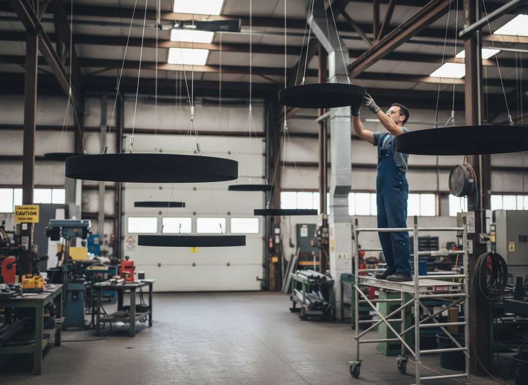 Premium Cable Suspension System for Easy Installation of Acoustic Panels shown in an industrial workshop, highlighting robust steel wires and ceiling fixings for secure, aesthetic soundproofing and noise reduction.