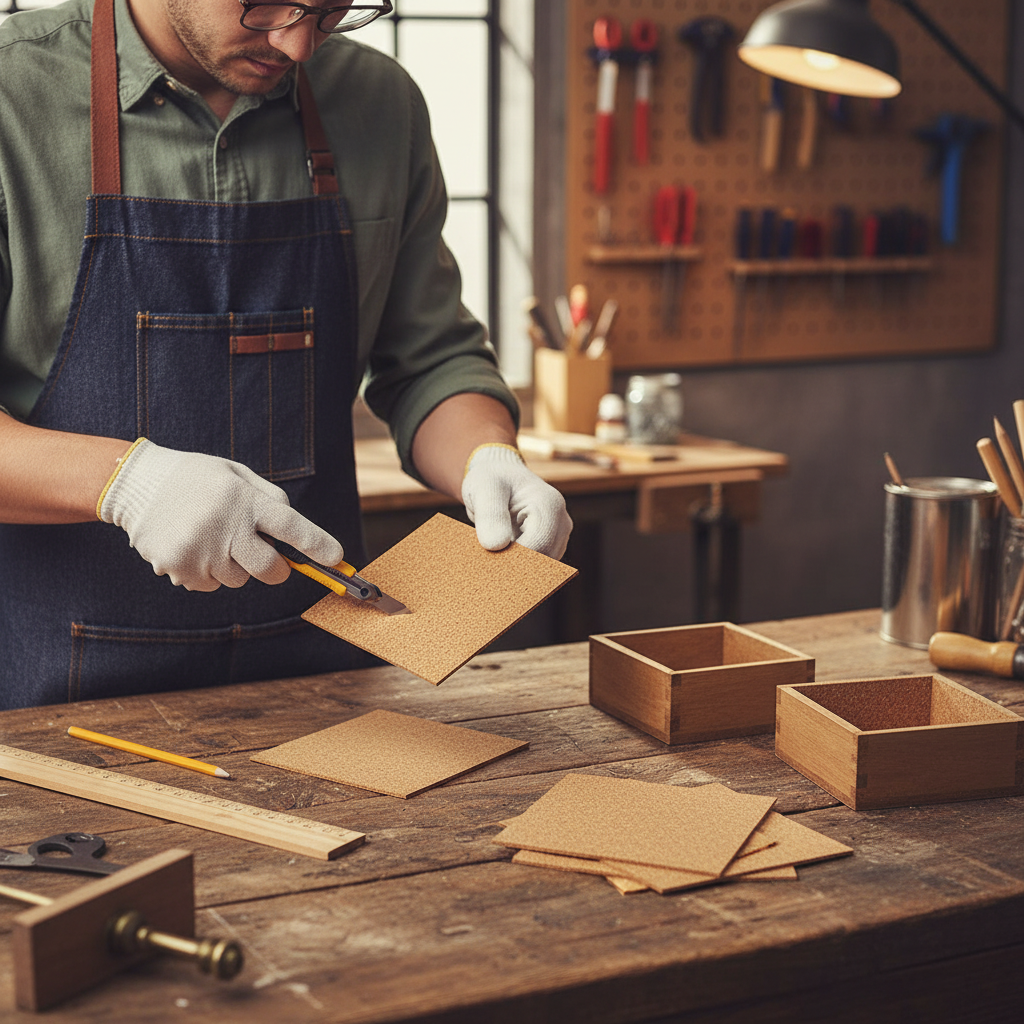 Woodworker using utility knife to trim Premium Non-Adhesive Cork Coaster Sheets - 100mm x 100mm, 2mm Thick - 50 Pack, ideal for soundproofing, acoustic projects, and noise reduction in craft settings.