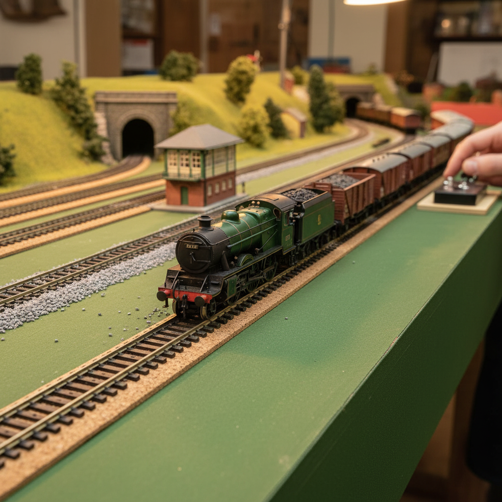Premium Model Railway Cork Track Underlay Roll enhances O Gauge layouts with noise reduction and stability. The image highlights a model railway scene, showcasing the product's integration into a model train setup.