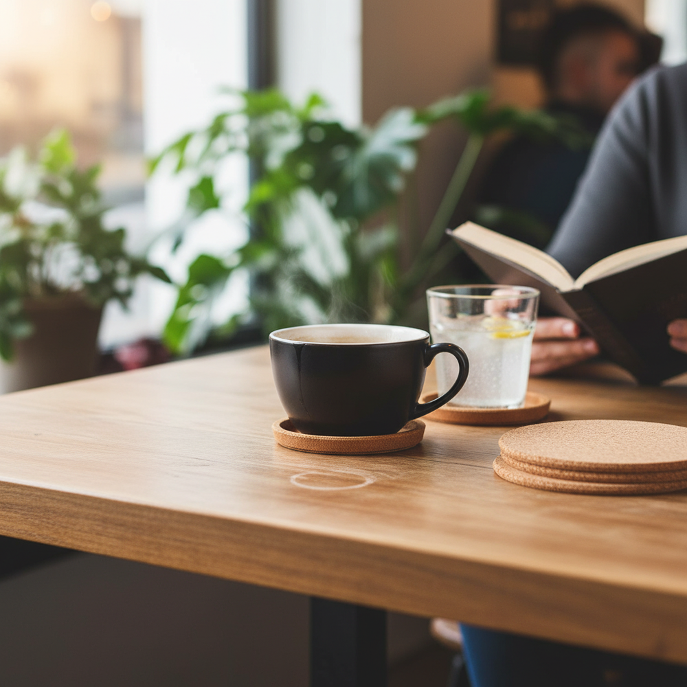 Premium Non-Adhesive Cork Coaster Sheets - 100mm Diameter, 3mm Thick, Pack of 38, featured on a table with a steaming mug and water glass, ideal for noise reduction and soundproofing projects.