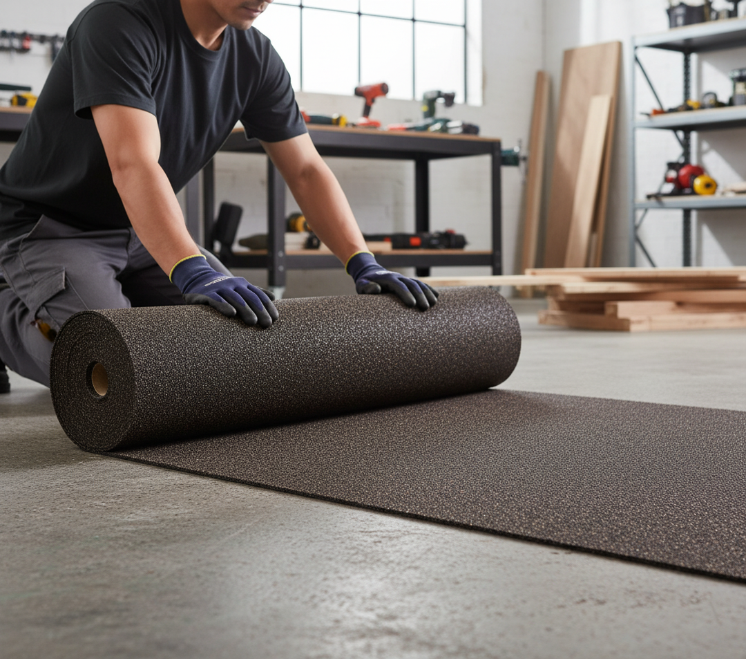Person installing Premium 5mm Acoustic Isolation Matting for Impact Sound Reduction in a workshop, enhancing soundproofing and acoustic insulation. The matting, ideal for noise reduction, is unrolled on a concrete floor.