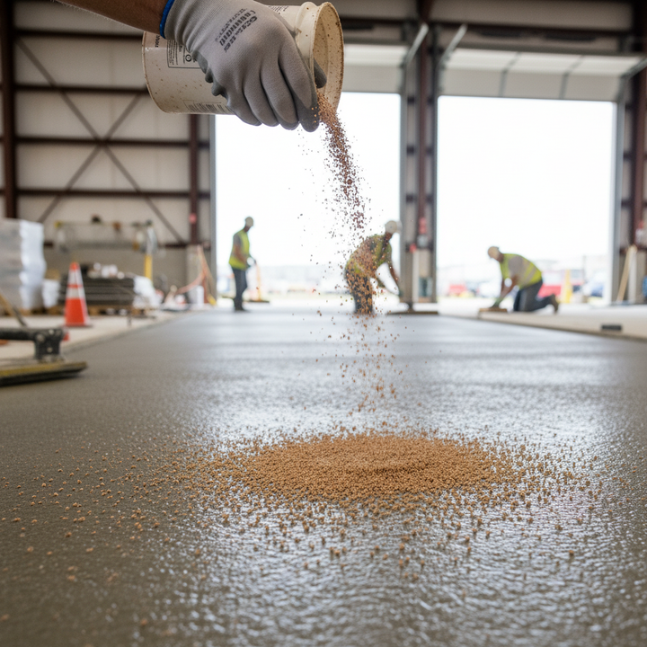 Premium High-Performance Cork Granules - 1-2mm Size, 60-62kg/m³ Density, 3 Litres Volume, used in construction scenes for soundproofing and acoustic insulation, sprinkled onto fresh concrete by a gloved hand.