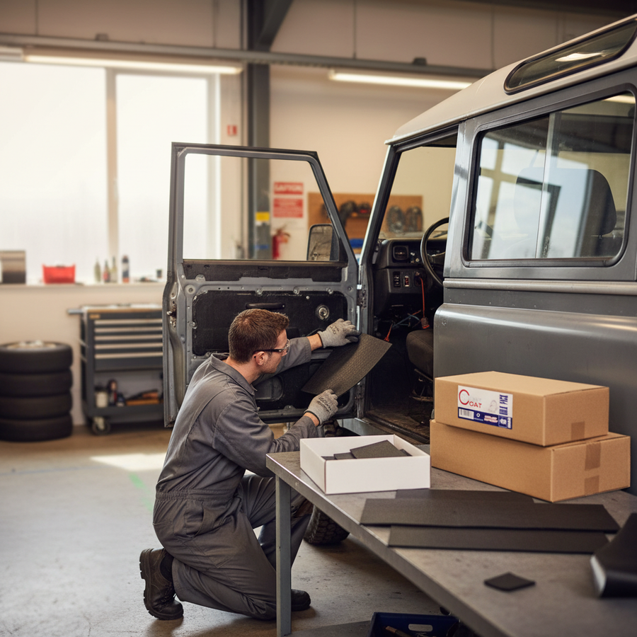 Mechanic applying Premium Sound Deadening Kit for Land Rover 110 - 140 Sheets of 2mm Insulation for Noise Reduction inside car door in garage; foreground shows additional soundproof and vibration damping materials.