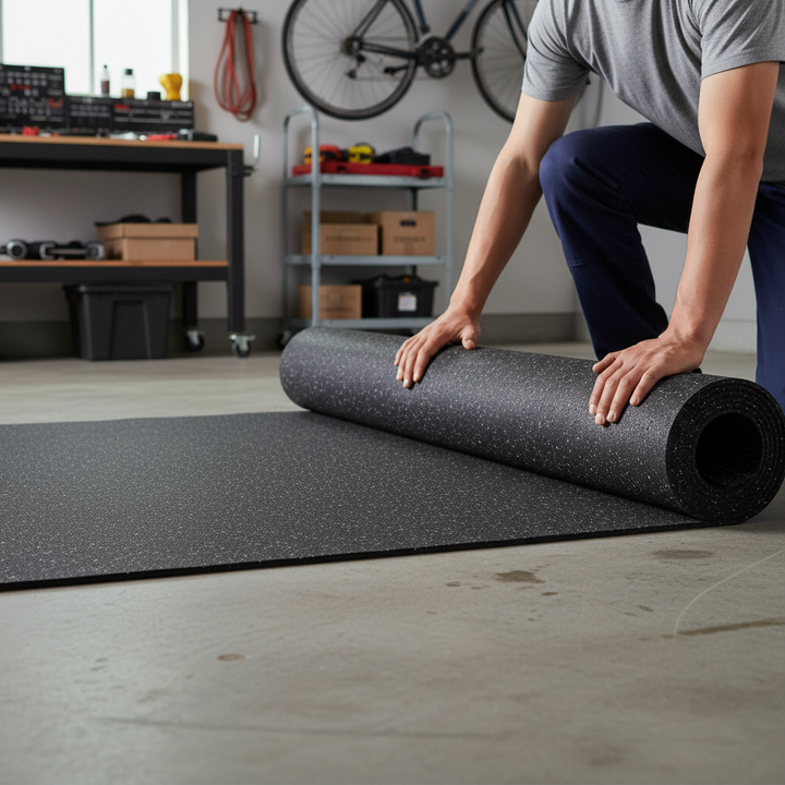 Person unrolling Premium Heavy Duty Acoustic Gym Rolls - Durable Rubber Flooring for Fitness Spaces in a workshop, highlighting its noise reduction, soundproof, and slip resistance qualities. Ideal for sound insulation and vibration damping.