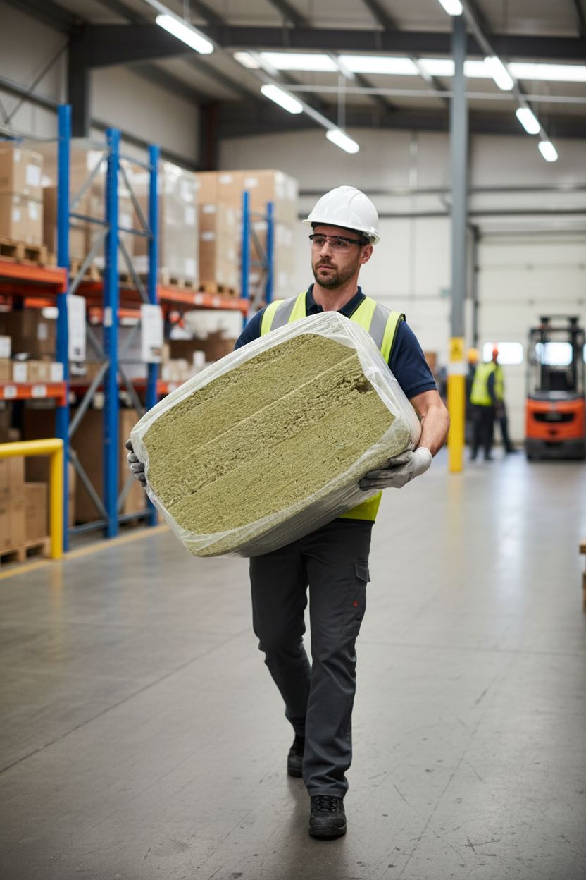 Man in safety gear carries Premium Acoustic Mineral Wool Insulation for sound reduction in floors, ceilings, and walls, inside a warehouse. This soundproof material, wrapped in plastic, enhances acoustic performance and eco-friendliness.