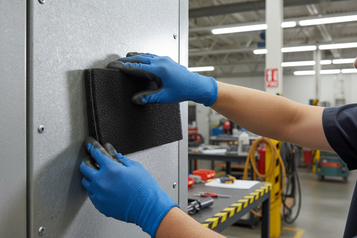 Hands in blue work gloves fitting a Professional Multi-Purpose Acoustic Barrier with Lead for Sound Attenuation - 2000mm x 1200mm x 13mm onto a metal panel, highlighting soundproofing and noise reduction capabilities.