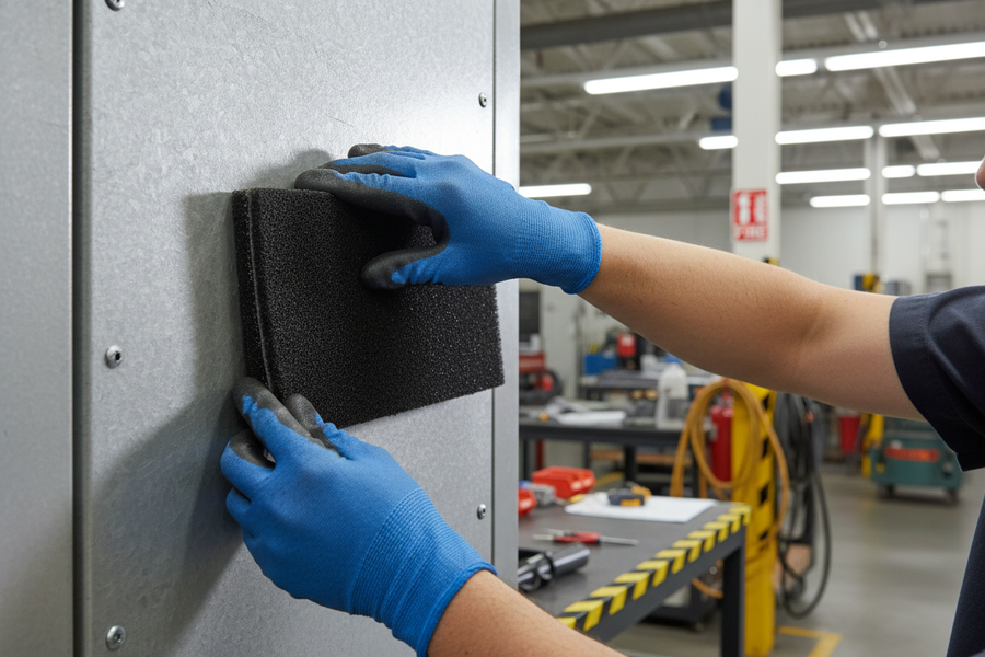 Hands in blue work gloves fitting a Professional Multi-Purpose Acoustic Barrier with Lead for Sound Attenuation - 2000mm x 1200mm x 13mm onto a metal panel, highlighting soundproofing and noise reduction capabilities.