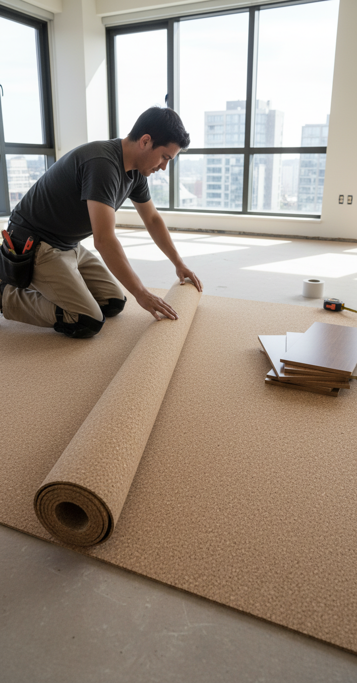 Installer applies Premium Cork Roll - 12ft x 2ft - 3mm Thick for Versatile Applications, ideal for soundproofing and acoustic insulation, in high-rise apartment, enhancing noise reduction and vibration damping.