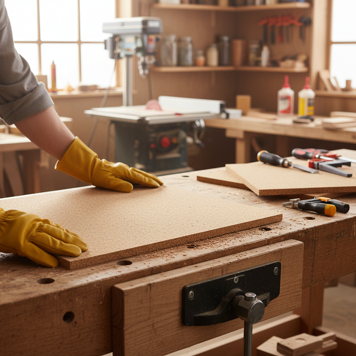 Premium Fine Grain Non-Adhesive Cork Sheets - 610mm x 450mm, 10mm Thick - Pack of 4 for Wall Coverings and Pinboards. Displayed in a woodworking shop, ideal for acoustic and soundproofing projects.