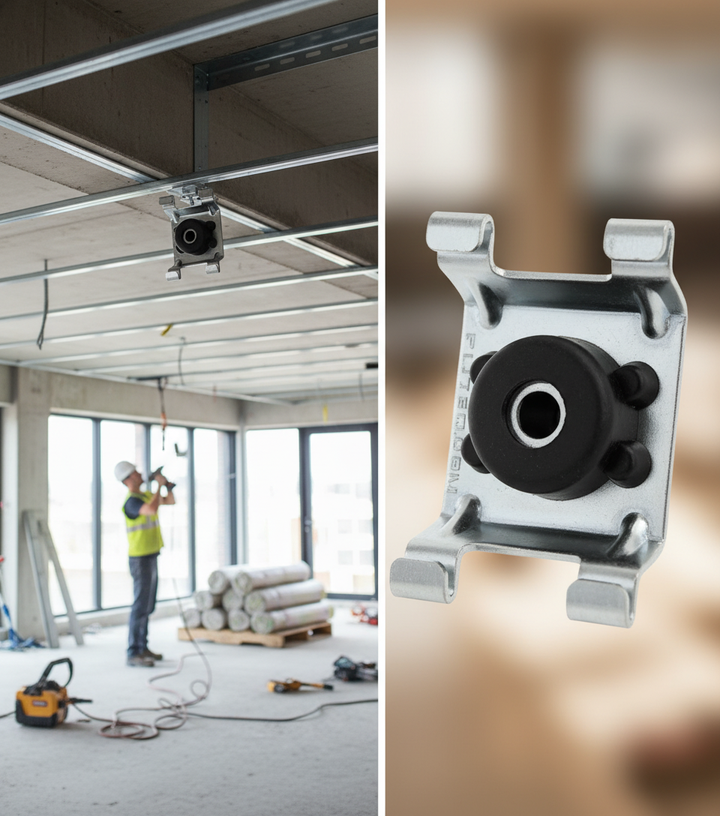 Premium Acoustic Performance Mounts for Wall and Floor-Ceiling Assemblies - Box of 100 with High-Quality Rubber and Steel Construction: tradesman installs soundproof ceiling grid with vibration damping clips, featuring acoustic noise reduction capabilities.