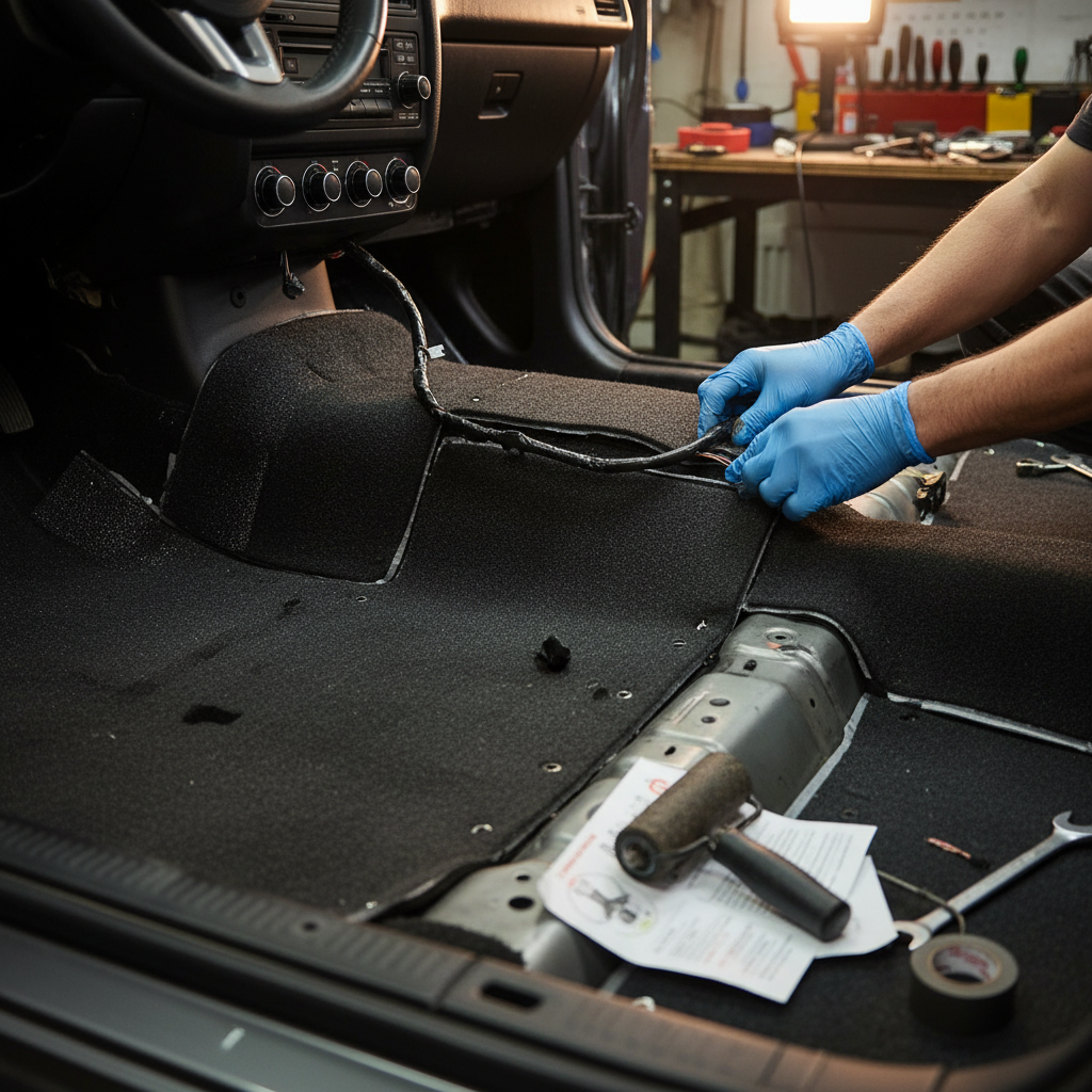 Premium Self-Adhesive Flexible Foam Liner for Vehicle Thermal Insulation - 12mm Thickness, 500mm x 300mm size, shown in a stripped car interior, enhances acoustic absorption, soundproofing, and vibration damping.