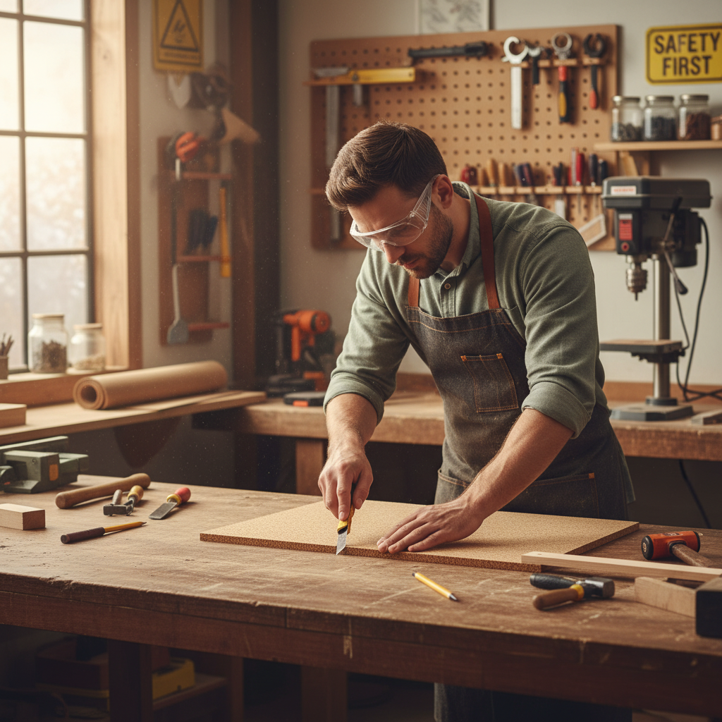 Craftsman in woodworking shop scoring a sheet, illustrating the versatility of the Premium Non-Adhesive Medium Grain Cork Sheet - 610mm x 450mm x 2mm - 4 Pack for soundproof wall coverings and pin boards.