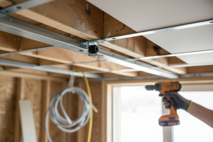 Worker using an orange cordless drill to install a drywall panel into a suspended ceiling, showcasing the Premium 35mm Acoustic Hangers for superior soundproofing and noise reduction in commercial construction.