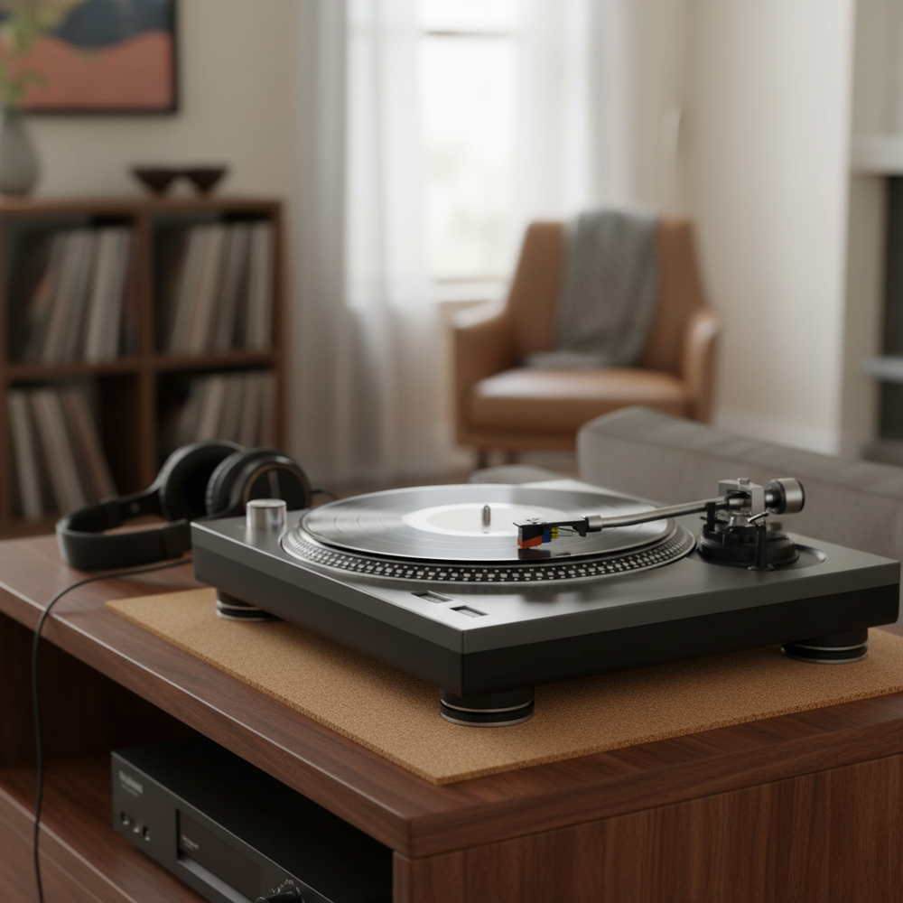 Premium High Density Cork Rolls - Pack of 6, 915mm x 305mm, 2mm Thick, shown in a cozy living-room setup with turntable, ideal for soundproofing and acoustic insulation applications.