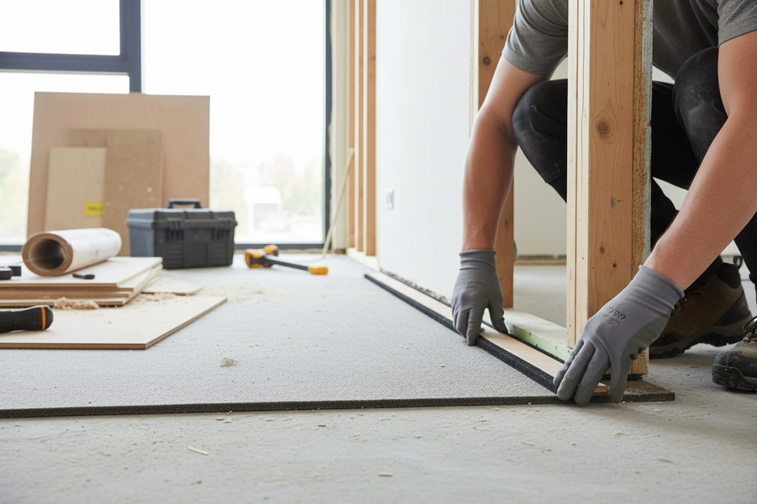 Worker installs Sound Deadening UK Premium Soundproof Mat – 10mm Self‑Adhesive, underlayment in renovation scene, emphasizing acoustic insulation and vibration damping qualities for enhanced noise reduction and soundproofing.