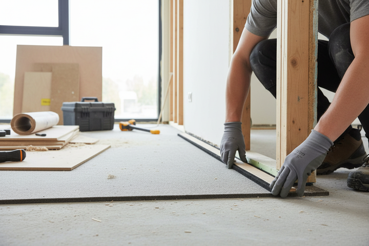 Worker installs Sound Deadening UK Premium Soundproof Mat – 10mm Self‑Adhesive, underlayment in renovation scene, emphasizing acoustic insulation and vibration damping qualities for enhanced noise reduction and soundproofing.