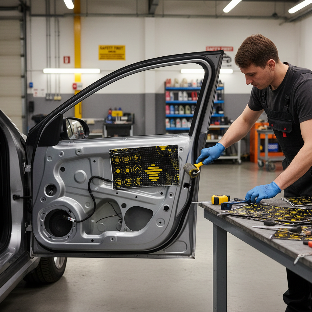 Technician applying Premium Professional Deadening Mats 3mm Thick for Effective Noise and Vibration Reduction - 2.22sq.m Coverage inside car door for soundproof, acoustic insulation, and vibration damping.