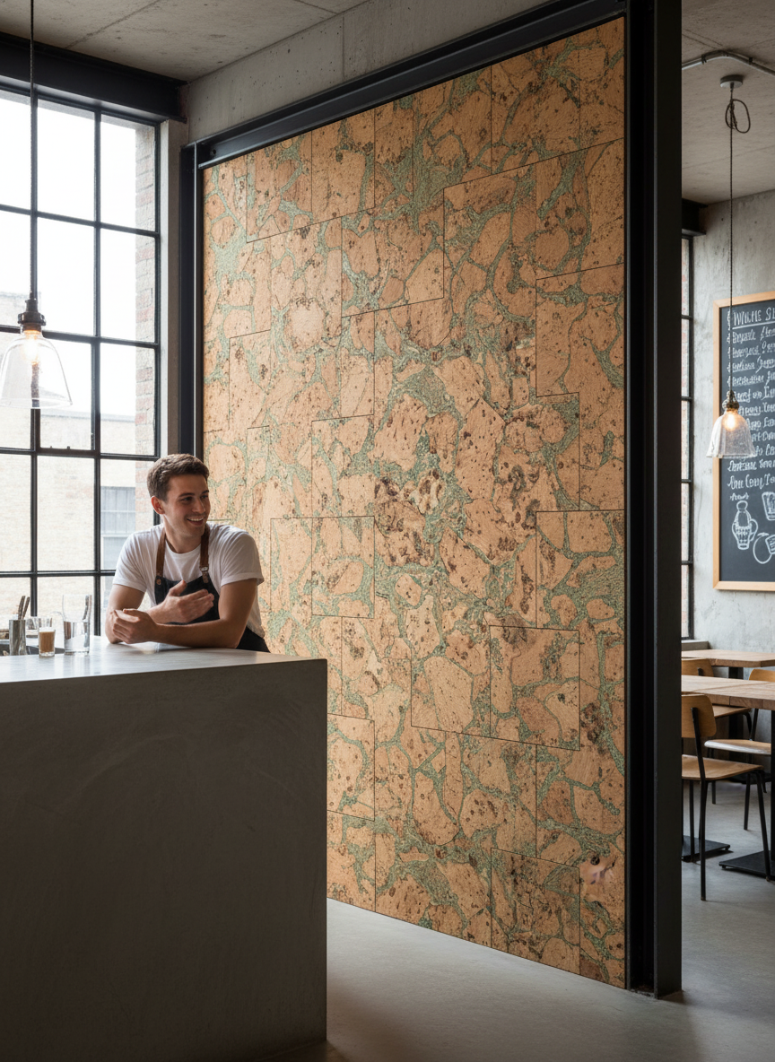 Premium Green Wall Tiles 600mm x 300mm - 3mm Thick with 1.98m2 Coverage featured in a modern café interior, ideal for stylish soundproof and acoustic insulation in diverse residential and commercial spaces.