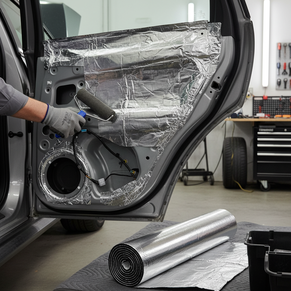 Technician installs Premium 10mm Sound and Heat Insulation Material for Vans - 5sq.m Roll, enhancing acoustic insulation and thermal efficiency, using a small roller on a car door's interior.