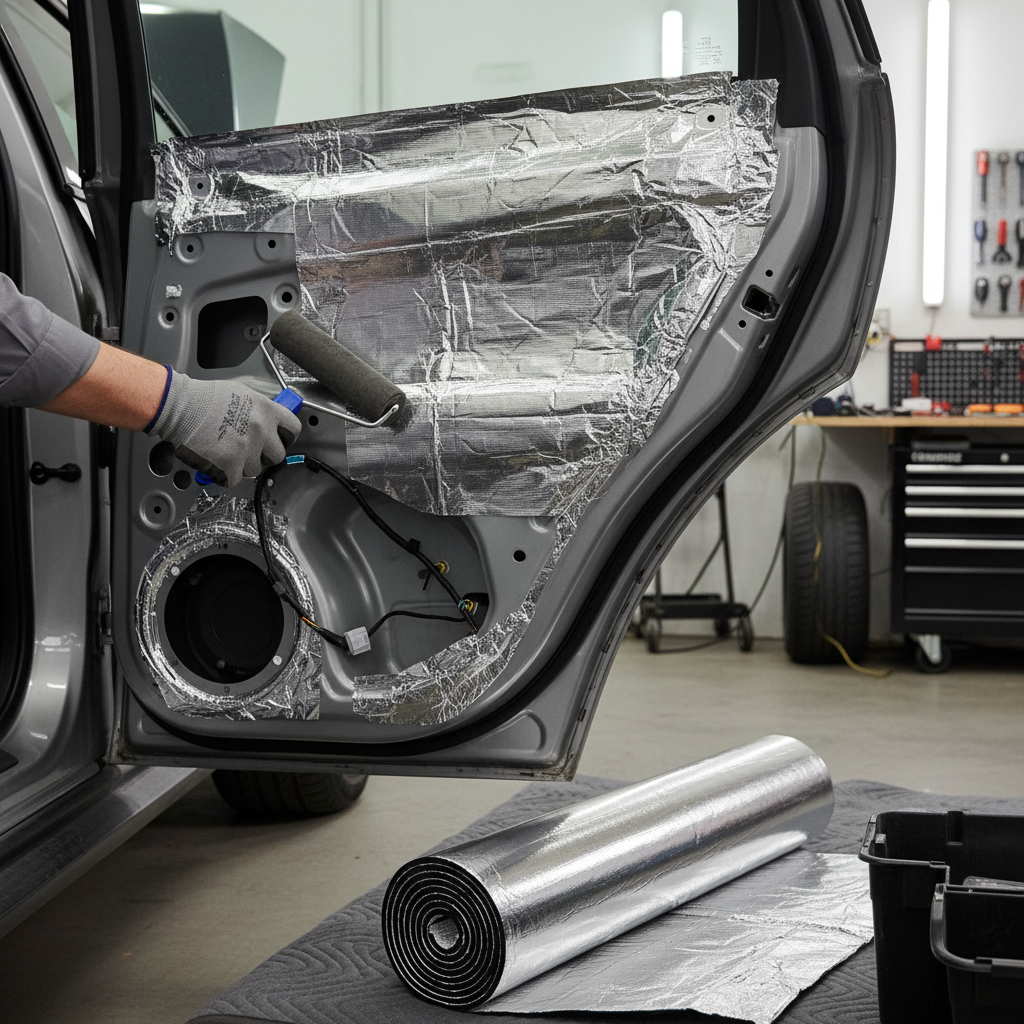 Technician installs Premium 10mm Sound and Heat Insulation Material for Vans - 5sq.m Roll, enhancing acoustic insulation and thermal efficiency, using a small roller on a car door's interior.