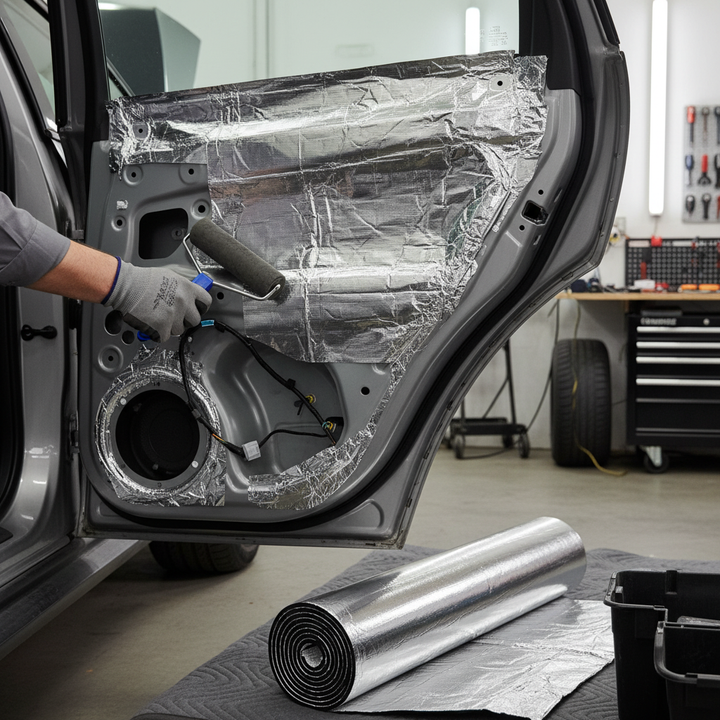 Technician installs Premium 10mm Sound and Heat Insulation Material for Vans - 5sq.m Roll, enhancing acoustic insulation and thermal efficiency, using a small roller on a car door's interior.
