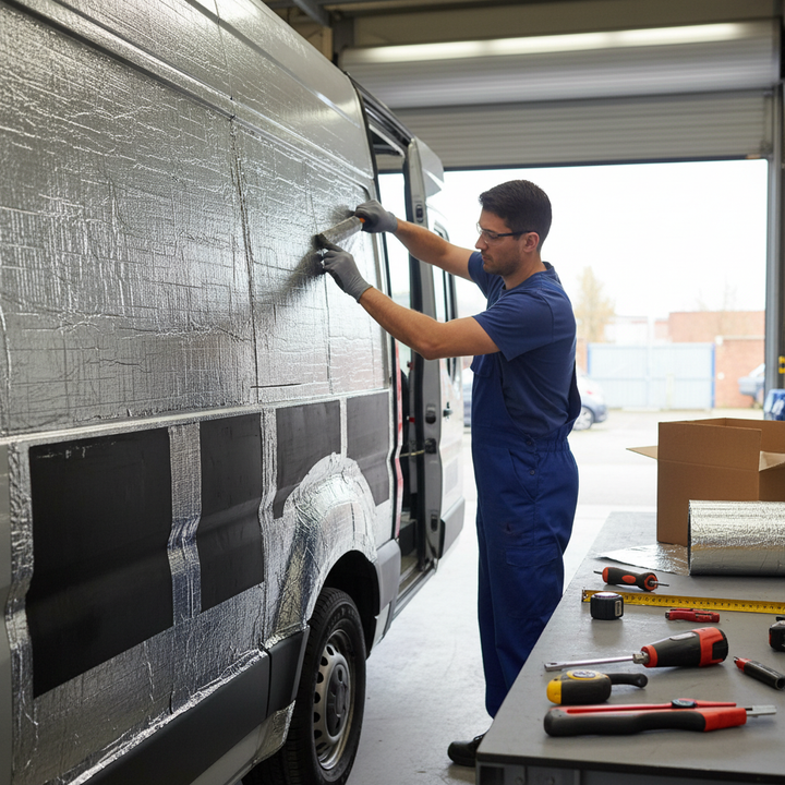 Man in blue coverall installs Premium Sound Deadening and Insulation Kit for Medium Vans, featuring high thermal efficiency and noise reduction, using foil-faced panels for enhanced acoustic insulation and soundproofing.