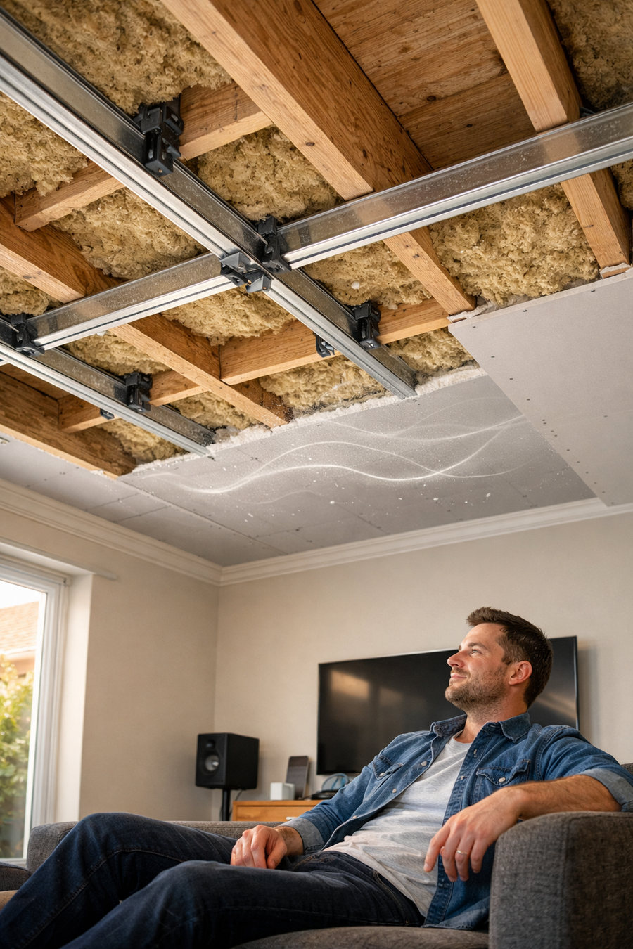 SilentCloud acoustic isolation clip system for ceilings, showing rubber-isolated clips and galvanised top-hat channels fitted to timber joists with mineral insulation; homeowner relaxing below illustrates premium UK soundproofing.