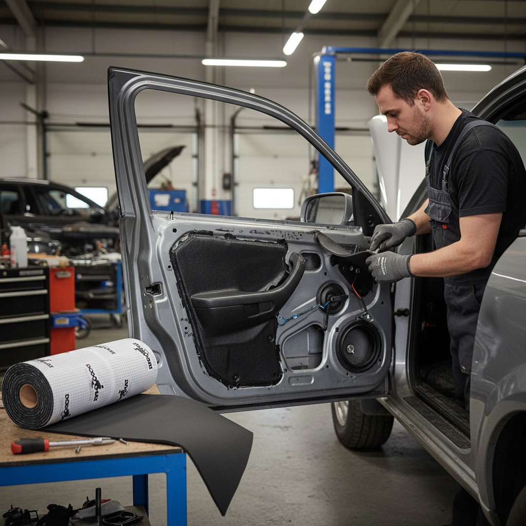Technician installs Premium Heavy Duty Sound Deadening and Insulation Layer in car door, showcasing soundproofing and vibration damping with visible sound-deadening material roll in the auto-repair shop setting.