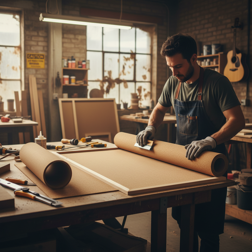 Man in workshop unrolling Premium Fine Grain Large Cork Roll for Interior Walls, 10m x 1.22m, on a wooden frame. Ideal for acoustic insulation, noise reduction, and soundproofing in various thicknesses.