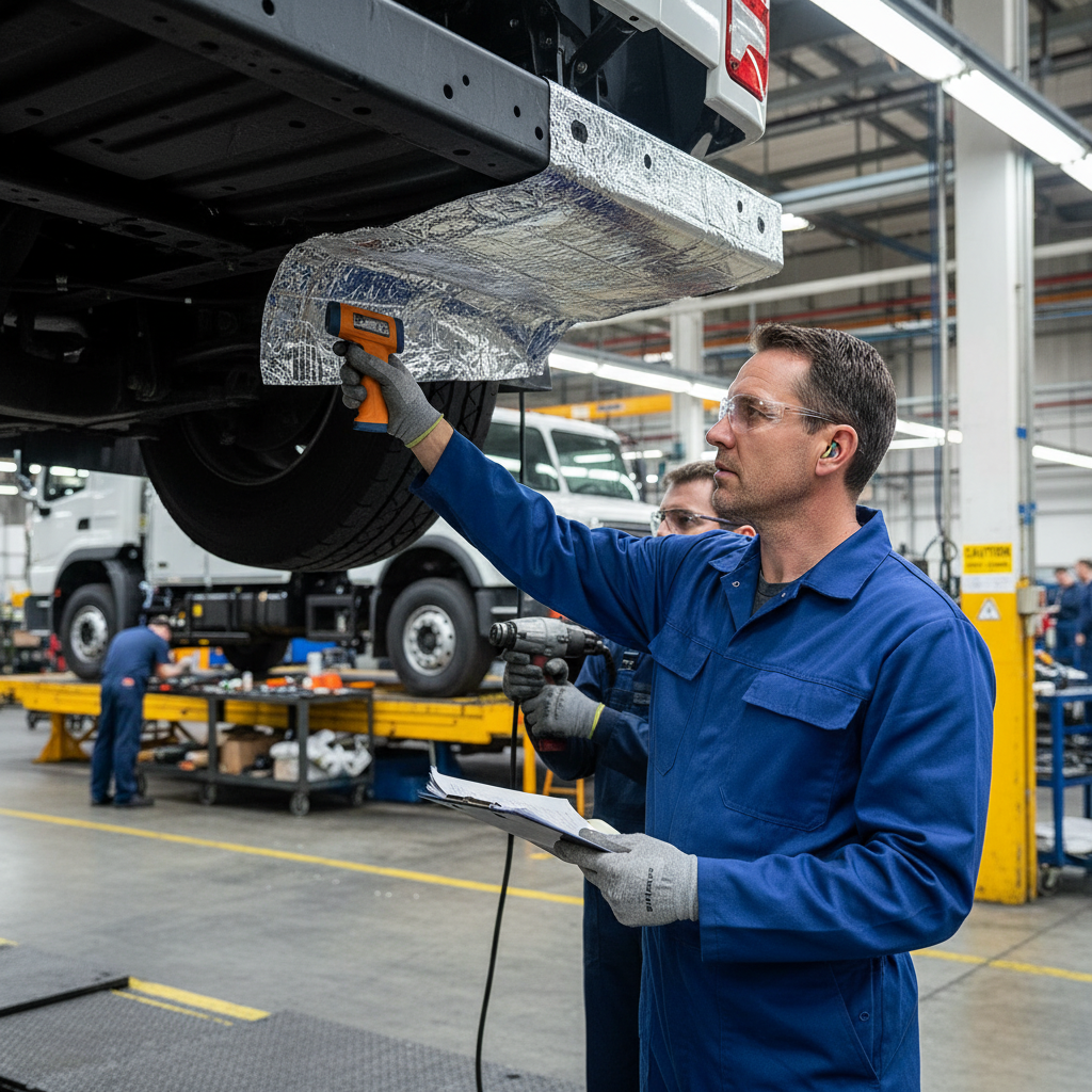 Technician in blue coveralls uses an infrared thermometer on Premium 12mm Heavy Duty Thermo Liner Roll, highlighting its application in soundproofing and noise reduction for vans and campers.