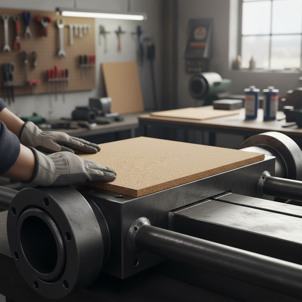 Gloved hands position a Premium Fine Grain Non-Adhesive Cork Sheet, 610mm x 450mm, 7mm thick, on a machine table. Ideal for soundproofing, acoustic insulation, and pinboards, enhancing noise reduction and vibration damping.