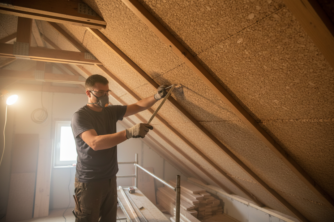 Trades-person using Premium Insulation Cork Board Pack of 20 Sheets 1000mm x 500mm - 15mm Thick for High Energy Efficiency and Acoustic Insulation in attic renovation, showcasing soundproofing and noise reduction capabilities.