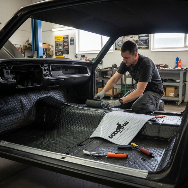 Technician installs Premium 2mm Sound Deadening Mat - Self Adhesive Vibration Damper for Van Conversions - 40 Sheets with Hex Embossing, enhancing acoustic insulation and noise reduction in vehicle interiors.