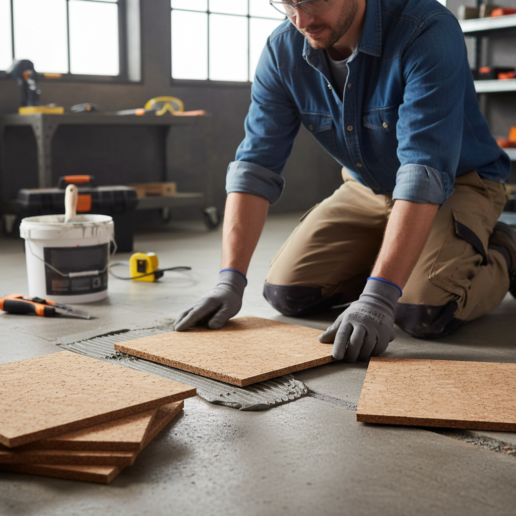 Installer kneeling on concrete floor fitting Premium Glue Down Cork Flooring Tiles Samples, 145mm x 90mm, eco-friendly, durable, easy to install; surrounded by adhesive tools, embodying soundproof and noise reduction solutions.