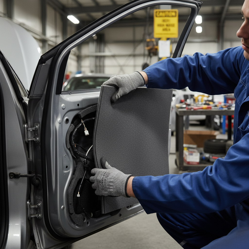 Technician in blue coverall installs Premium Sound Blocking Mat - 3 Layer Automotive Underlay for Noise Absorption and Insulation, revealing door’s wiring, highlighting soundproof, acoustic, noise reduction, and sound insulation properties.