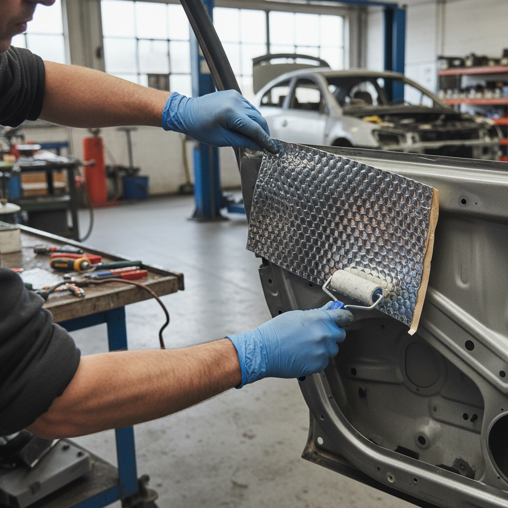 Person applying Premium Self-Adhesive Sound Deadening Vibration Damper Sheet with High-Grade Butyl Construction and Hex Embossed Design for Easy Installation to car door interior, enhancing acoustic insulation and vibration damping.