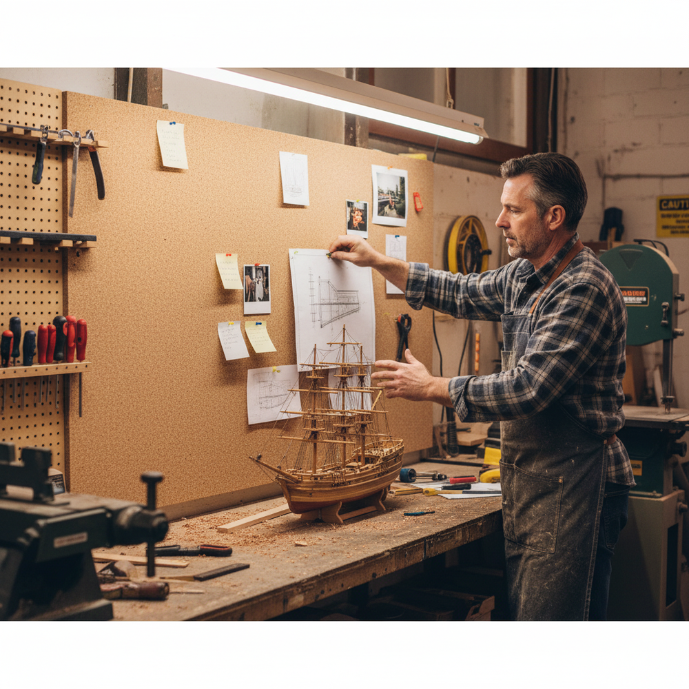 Premium Fine Grain Adhesive Cork Sheets - 915mm x 610mm - 10mm Thick - Pack of 2 are used in a woodworker's workshop for a custom pinboard, enhancing acoustic insulation and noise reduction.