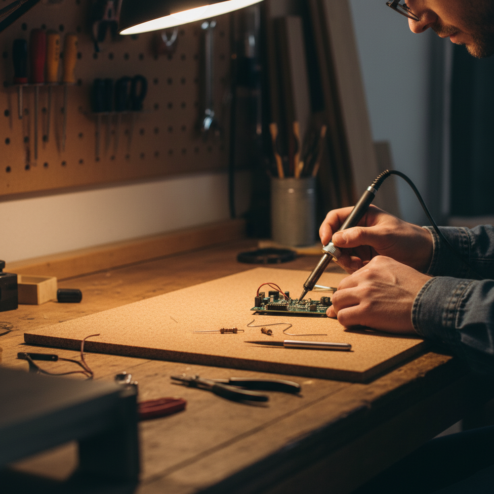 Person soldering electronic components on a circuit board, surrounded by tools, emphasizing the versatility of Premium Fine Grain Non-Adhesive Cork Sheets for soundproofing and acoustic applications. Ideal for noise reduction projects.