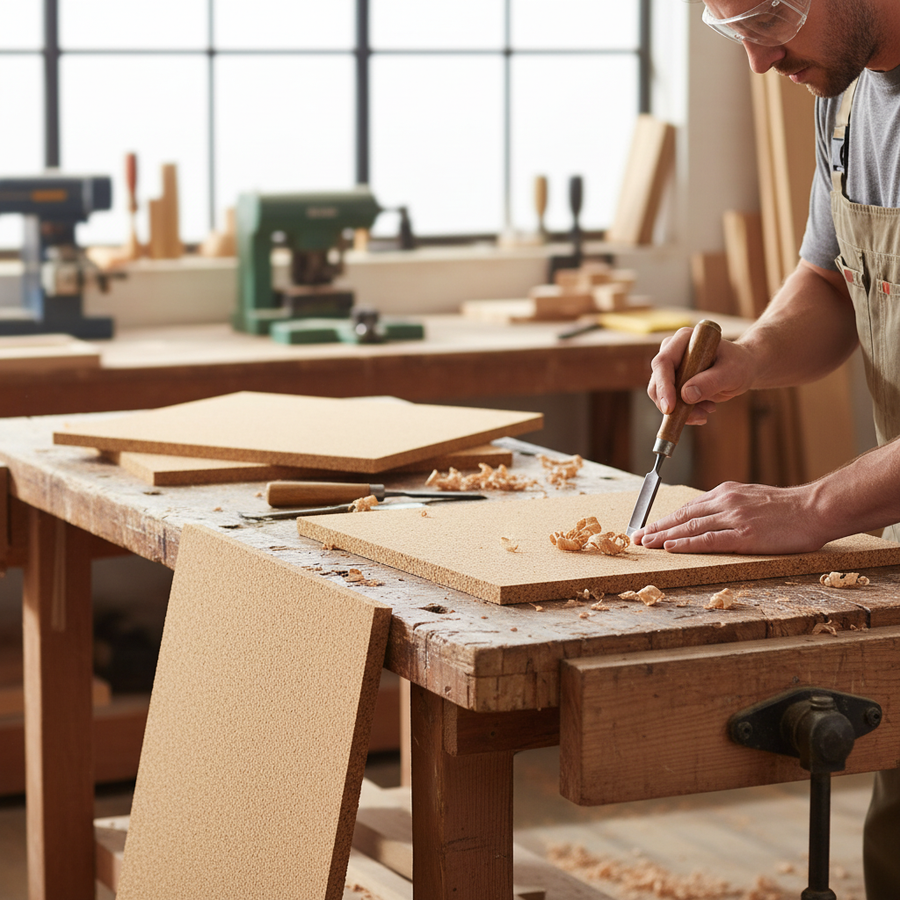 Woodworking shop scene featuring Premium Non-Adhesive Cork Sheets - 610mm x 450mm x 13mm - Pack of 4, ideal for soundproofing, acoustic applications, and noise reduction. A person chisels a wooden panel nearby.