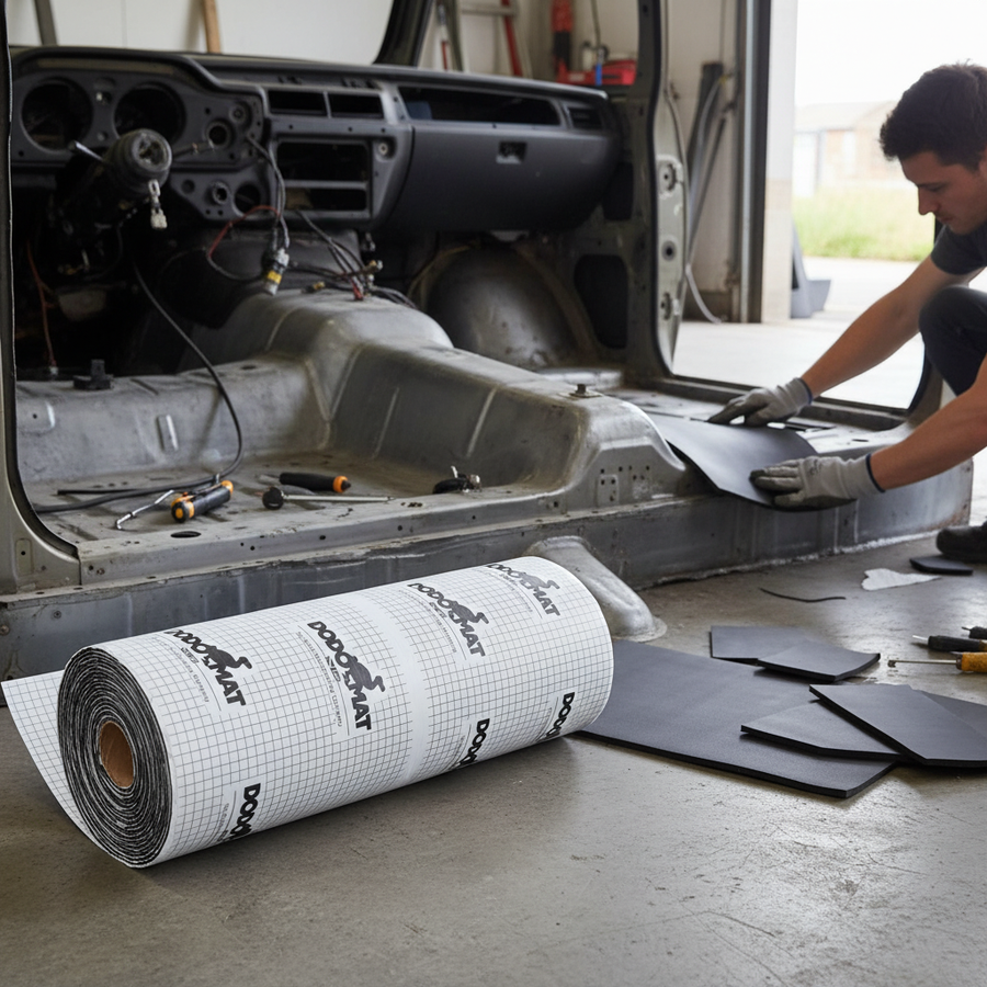 Technician applying Premium Self-Adhesive Flexible Foam Liner for Vehicle Heat and Sound Insulation - 6mm Thickness, 3sq.m Coverage, enhancing soundproofing and thermal insulation on car floor with DOORMAT-branded roll nearby.