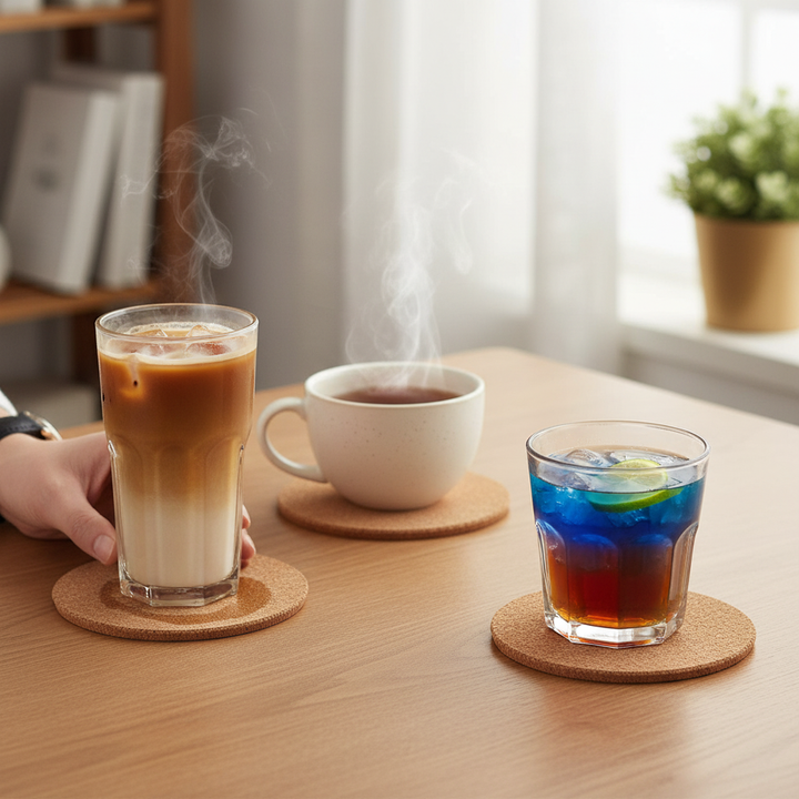 Premium Non-Adhesive Coaster Cork Sheets - 100mm Diameter, 2mm Thick, Pack of 50, shown beneath drinks, ideal for DIY soundproofing, acoustic projects, and noise reduction with durable, flexible design.