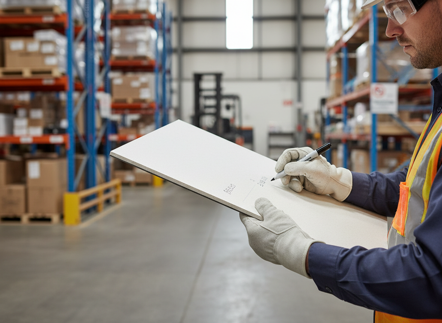 Premium Acoustic Building Board - 13mm Thick, High-Performance Sound Insulation Solution for Ceilings and Walls: Worker in safety gear inspects inventory in warehouse, highlighting soundproof, acoustic, noise reduction qualities.