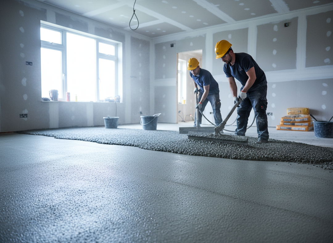 Premium 8mm Acoustic Underscreed Rubber Underlay being installed in a construction site, showcasing its soundproofing and noise reduction capabilities, ideal for both soft and hard flooring applications.